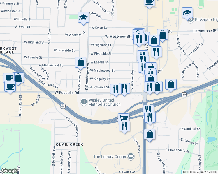map of restaurants, bars, coffee shops, grocery stores, and more near 737 West Sylvania Street in Springfield