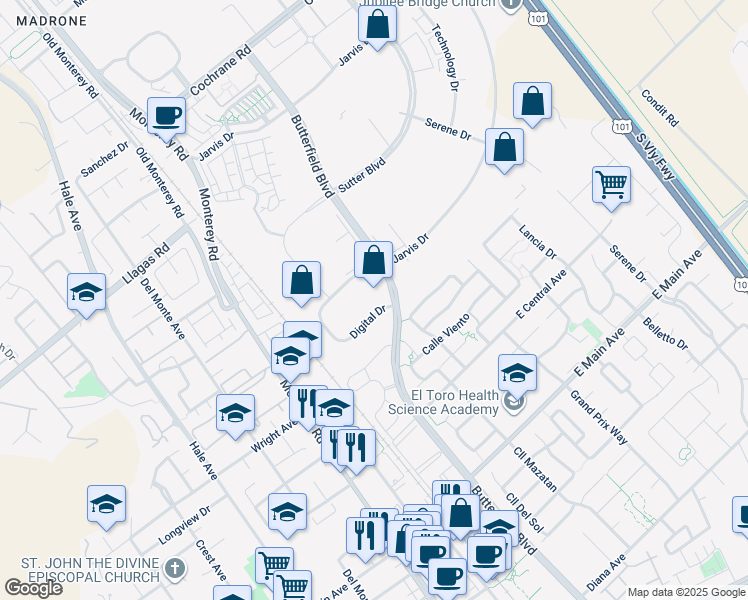 map of restaurants, bars, coffee shops, grocery stores, and more near 280 Digital Drive in Morgan Hill