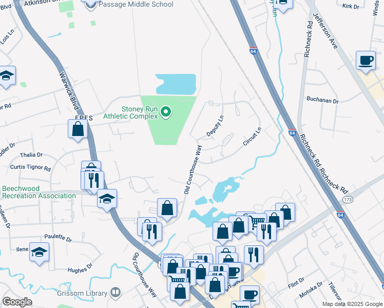 map of restaurants, bars, coffee shops, grocery stores, and more near 398 Circuit Lane in Newport News
