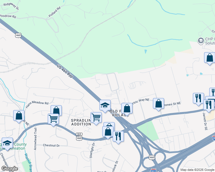 map of restaurants, bars, coffee shops, grocery stores, and more near 420 Village Lane in Christiansburg