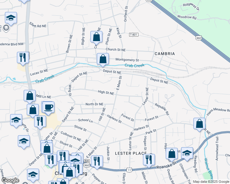 map of restaurants, bars, coffee shops, grocery stores, and more near 626 East Main Street in Christiansburg