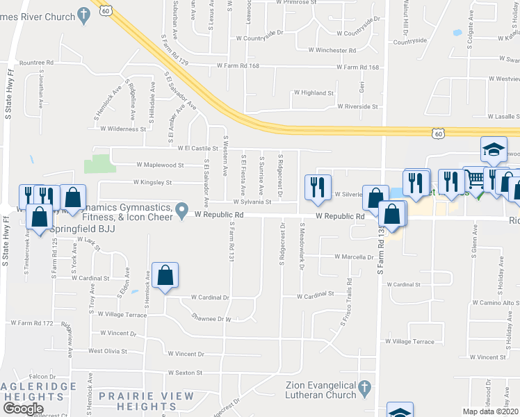 map of restaurants, bars, coffee shops, grocery stores, and more near 3376 West Sylvania Street in Springfield