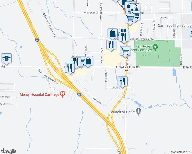 map of restaurants, bars, coffee shops, grocery stores, and more near 410 West Fir Road in Carthage