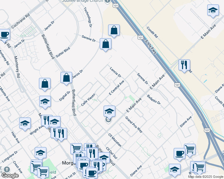 map of restaurants, bars, coffee shops, grocery stores, and more near 685 East Central Avenue in Morgan Hill