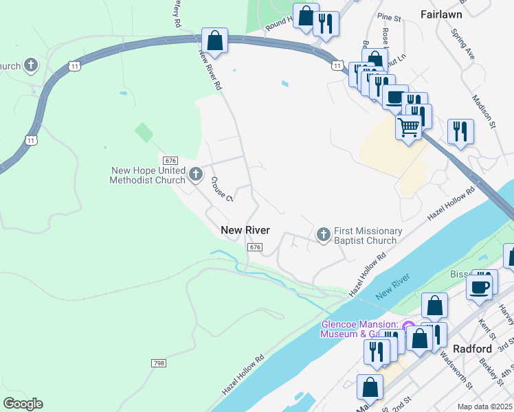 map of restaurants, bars, coffee shops, grocery stores, and more near in New River