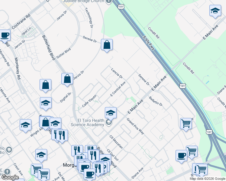 map of restaurants, bars, coffee shops, grocery stores, and more near 685 East Central Avenue in Morgan Hill