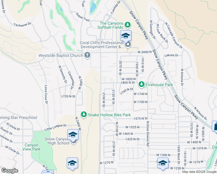 map of restaurants, bars, coffee shops, grocery stores, and more near 2164 West 1770 North in Saint George