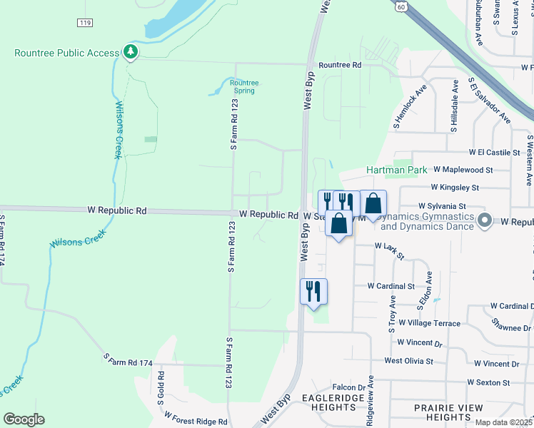 map of restaurants, bars, coffee shops, grocery stores, and more near 4100 West State Highway M in Springfield