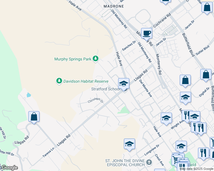 map of restaurants, bars, coffee shops, grocery stores, and more near 18391 Carriage Drive in Morgan Hill