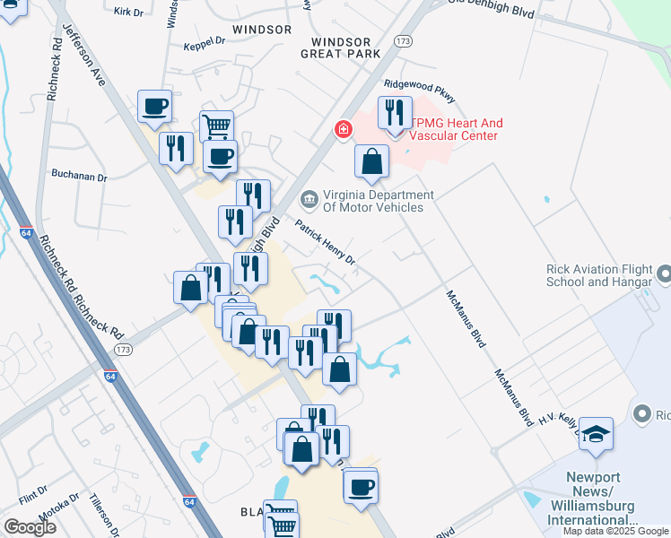 map of restaurants, bars, coffee shops, grocery stores, and more near 12823 Daybreak Circle in Newport News