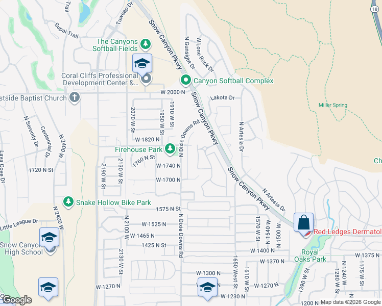 map of restaurants, bars, coffee shops, grocery stores, and more near 1806 North Dixie Downs Road in Saint George