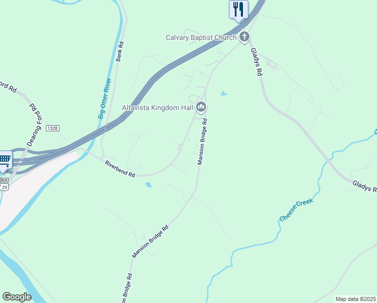 map of restaurants, bars, coffee shops, grocery stores, and more near 309 Mansion Bridge Road in Altavista