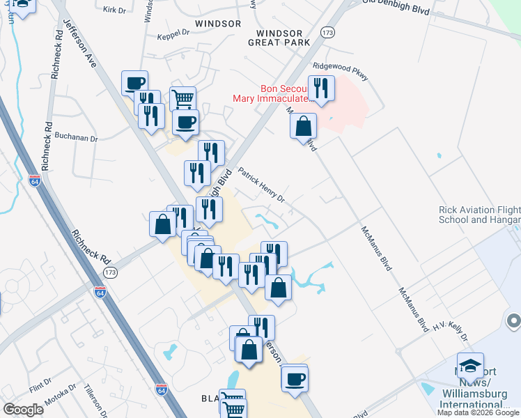map of restaurants, bars, coffee shops, grocery stores, and more near 12657 Daybreak Circle in Newport News