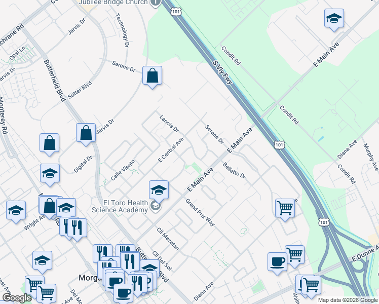 map of restaurants, bars, coffee shops, grocery stores, and more near 848 Talbot Drive in Morgan Hill