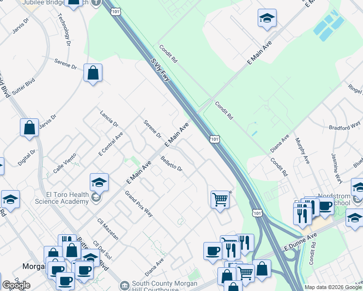 map of restaurants, bars, coffee shops, grocery stores, and more near 17545 Serene Drive in Morgan Hill
