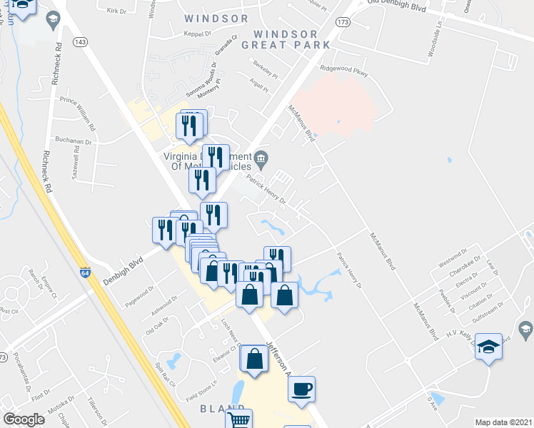 map of restaurants, bars, coffee shops, grocery stores, and more near 12657 Daybreak Circle in Newport News