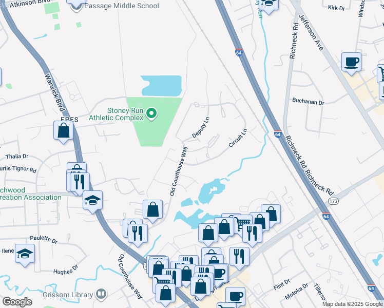 map of restaurants, bars, coffee shops, grocery stores, and more near 398 Circuit Lane in Newport News
