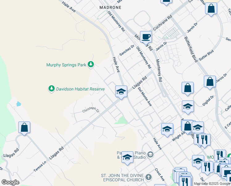 map of restaurants, bars, coffee shops, grocery stores, and more near 350 Fox Hollow Circle in Morgan Hill