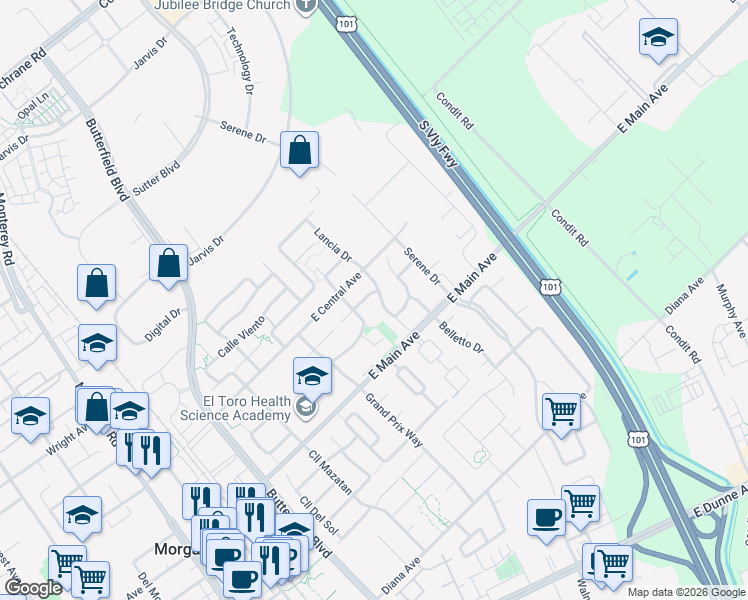 map of restaurants, bars, coffee shops, grocery stores, and more near 848 Talbot Drive in Morgan Hill