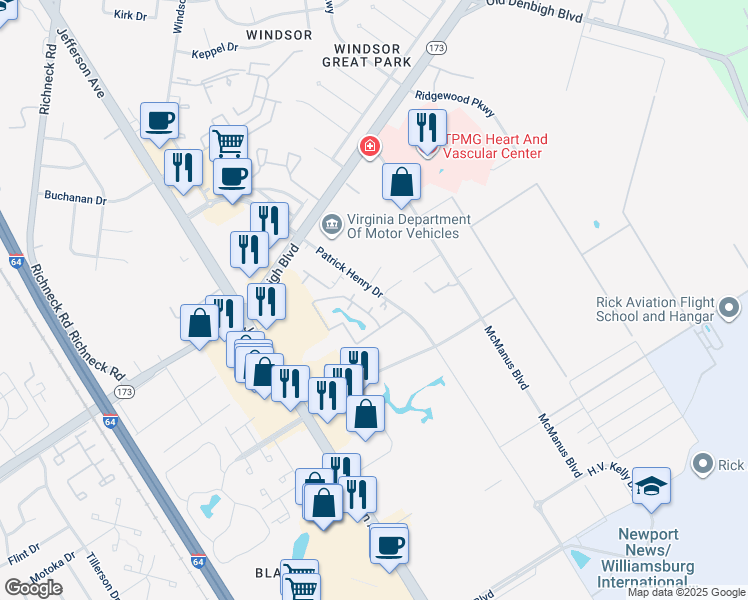 map of restaurants, bars, coffee shops, grocery stores, and more near 810 Horizon Lane in Newport News
