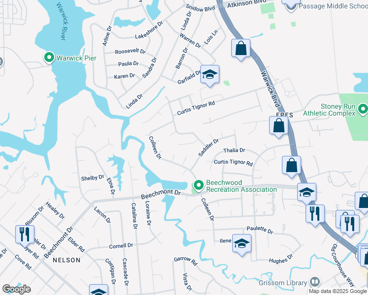 map of restaurants, bars, coffee shops, grocery stores, and more near 206 Custer Place in Newport News