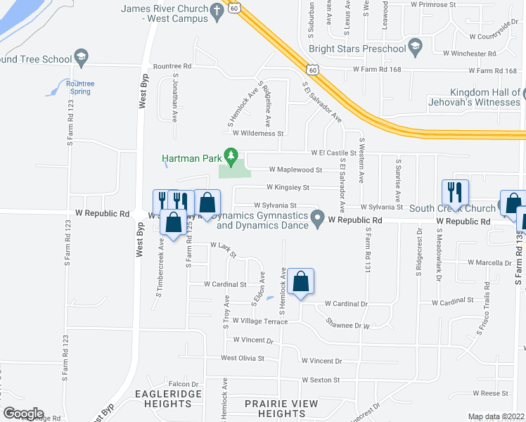 map of restaurants, bars, coffee shops, grocery stores, and more near 3756 West Sylvania Street in Springfield