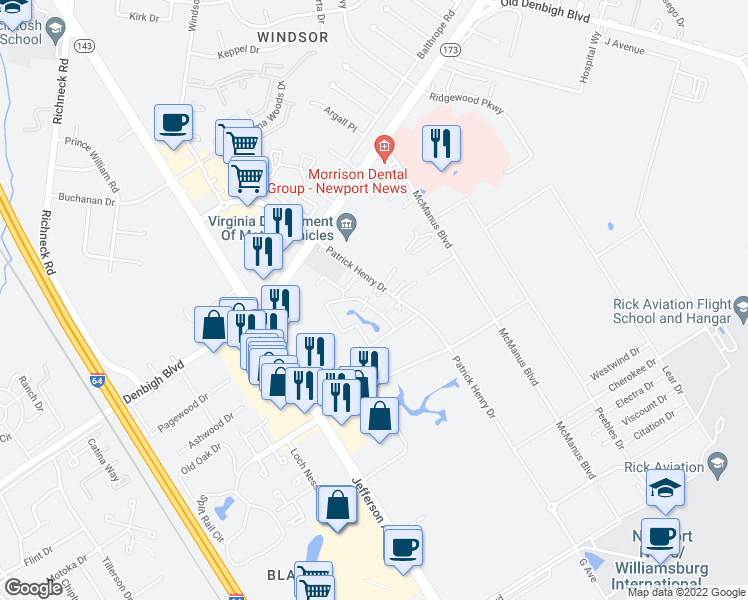 map of restaurants, bars, coffee shops, grocery stores, and more near 12864 Daybreak Circle in Newport News