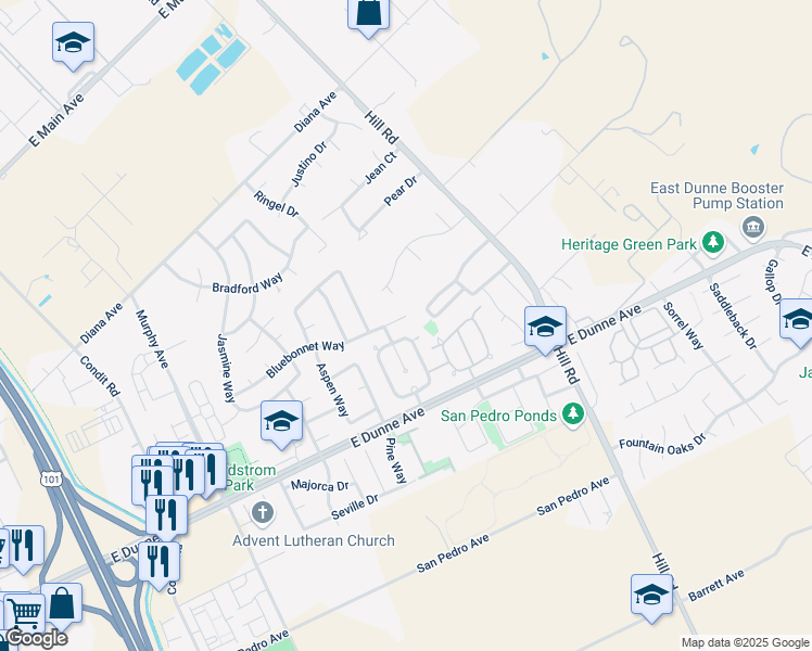 map of restaurants, bars, coffee shops, grocery stores, and more near 2010 Bluebonnet Court in Morgan Hill