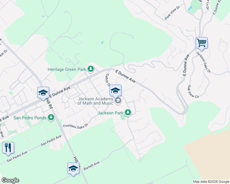 map of restaurants, bars, coffee shops, grocery stores, and more near 2530 Palomino Court in Morgan Hill