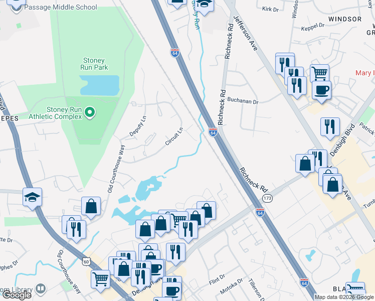 map of restaurants, bars, coffee shops, grocery stores, and more near 306 Civil Court in Newport News