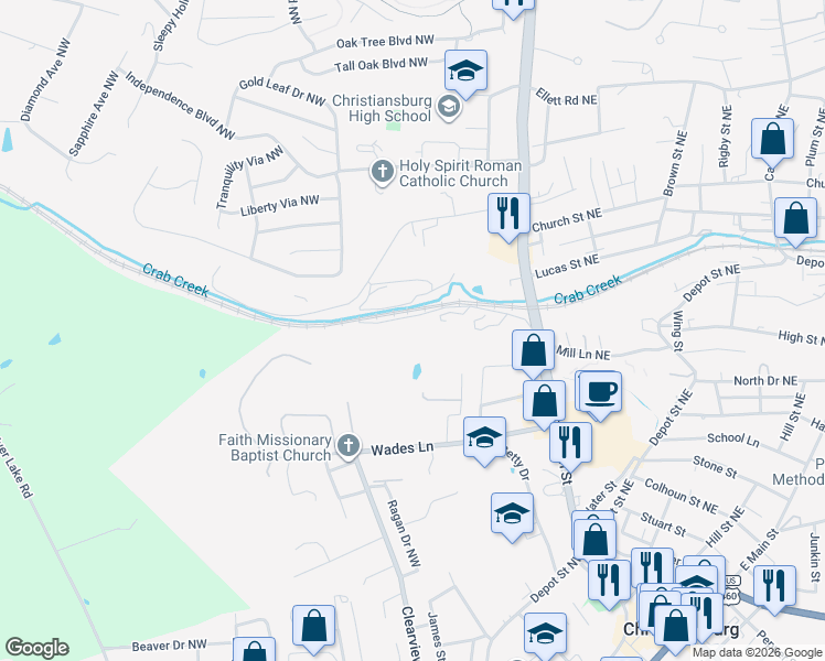 map of restaurants, bars, coffee shops, grocery stores, and more near 230 Railroad Street Northwest in Christiansburg