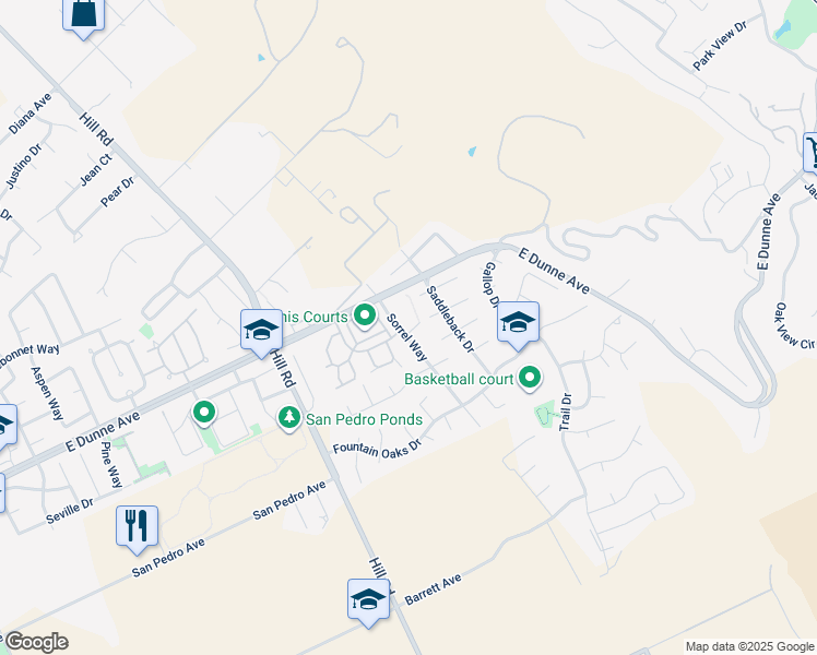 map of restaurants, bars, coffee shops, grocery stores, and more near 16902 Sorrel Way in Morgan Hill