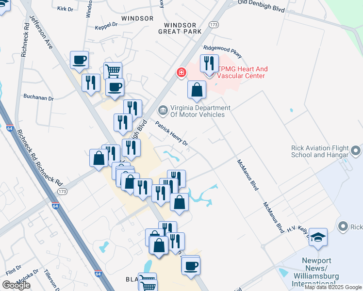 map of restaurants, bars, coffee shops, grocery stores, and more near 809 1st Light Court in Newport News