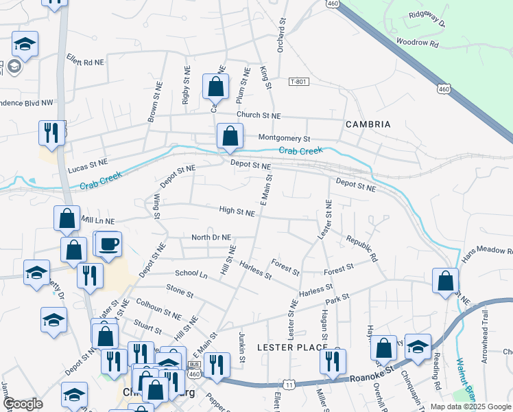 map of restaurants, bars, coffee shops, grocery stores, and more near 626 East Main Street in Christiansburg