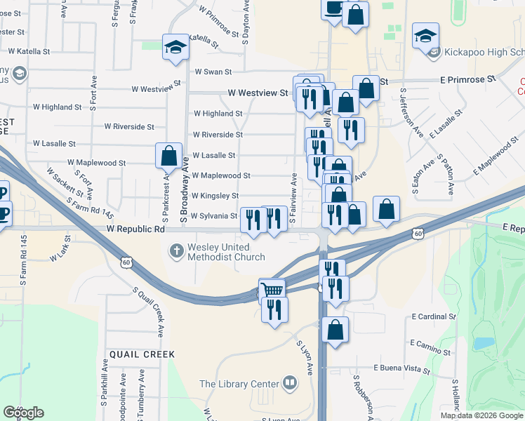 map of restaurants, bars, coffee shops, grocery stores, and more near 658 West Sylvania Street in Springfield