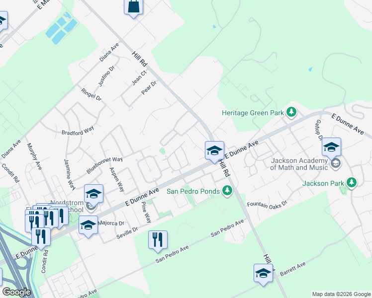 map of restaurants, bars, coffee shops, grocery stores, and more near 17152 Tassajara Circle in Morgan Hill