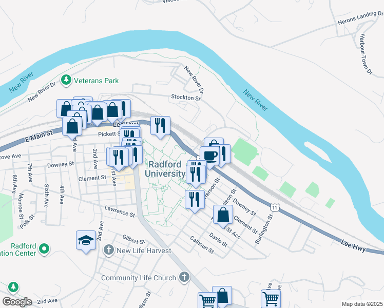 map of restaurants, bars, coffee shops, grocery stores, and more near 925 East Main Street in Radford