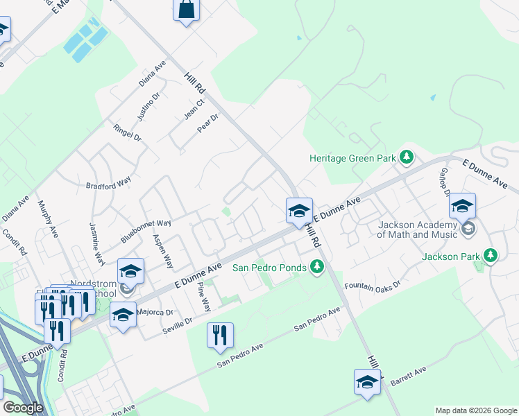 map of restaurants, bars, coffee shops, grocery stores, and more near 17152 Tassajara Circle in Morgan Hill