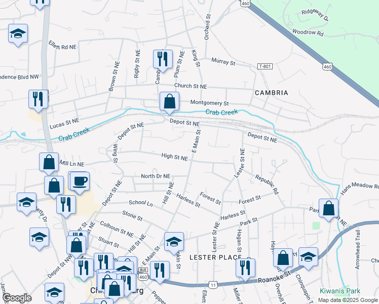 map of restaurants, bars, coffee shops, grocery stores, and more near 626 East Main Street in Christiansburg