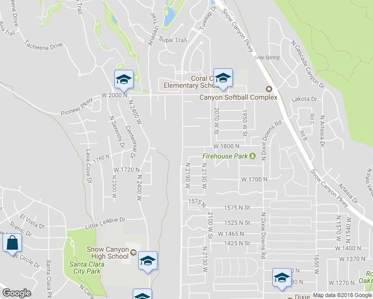 map of restaurants, bars, coffee shops, grocery stores, and more near 2199 West 1800 North in St. George