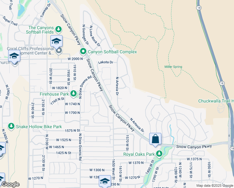 map of restaurants, bars, coffee shops, grocery stores, and more near 1709 North Artesia Drive in St. George