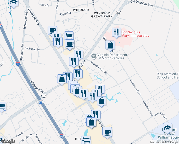 map of restaurants, bars, coffee shops, grocery stores, and more near 12657 Daybreak Circle in Newport News