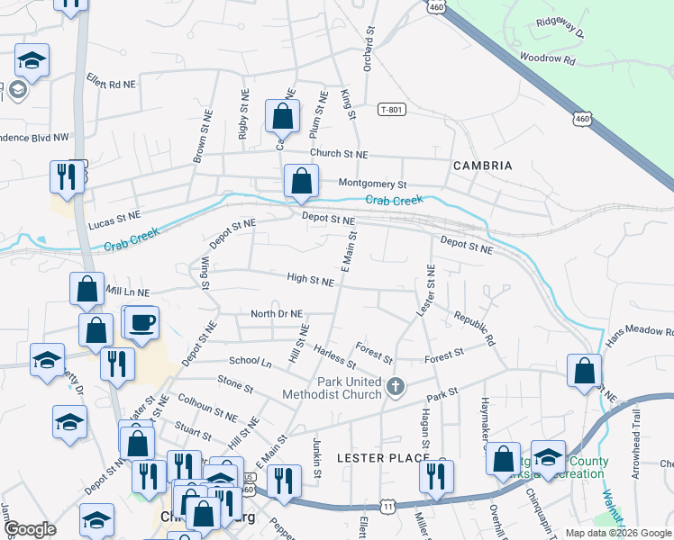 map of restaurants, bars, coffee shops, grocery stores, and more near 626 East Main Street in Christiansburg