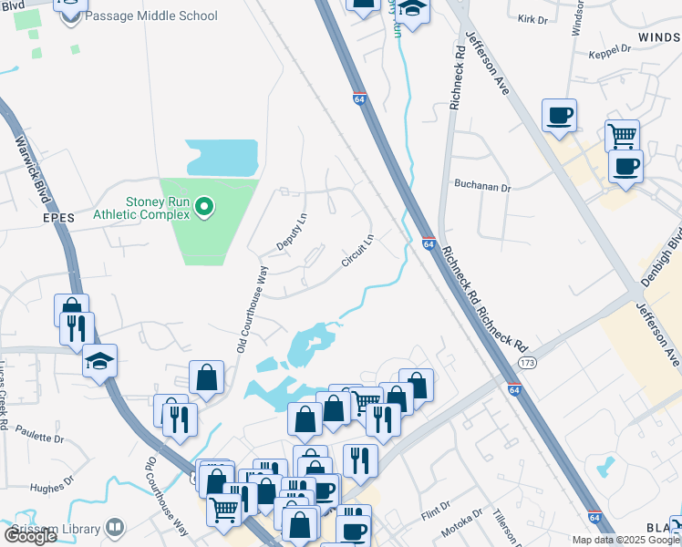 map of restaurants, bars, coffee shops, grocery stores, and more near 379 Circuit Lane in Newport News
