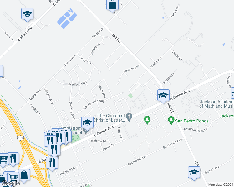 map of restaurants, bars, coffee shops, grocery stores, and more near in Morgan Hill