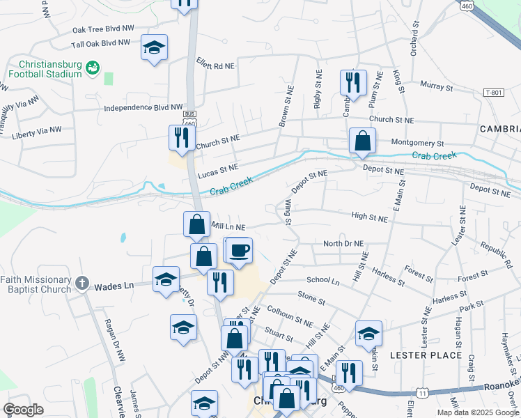 map of restaurants, bars, coffee shops, grocery stores, and more near 448 Depot Street Northeast in Christiansburg