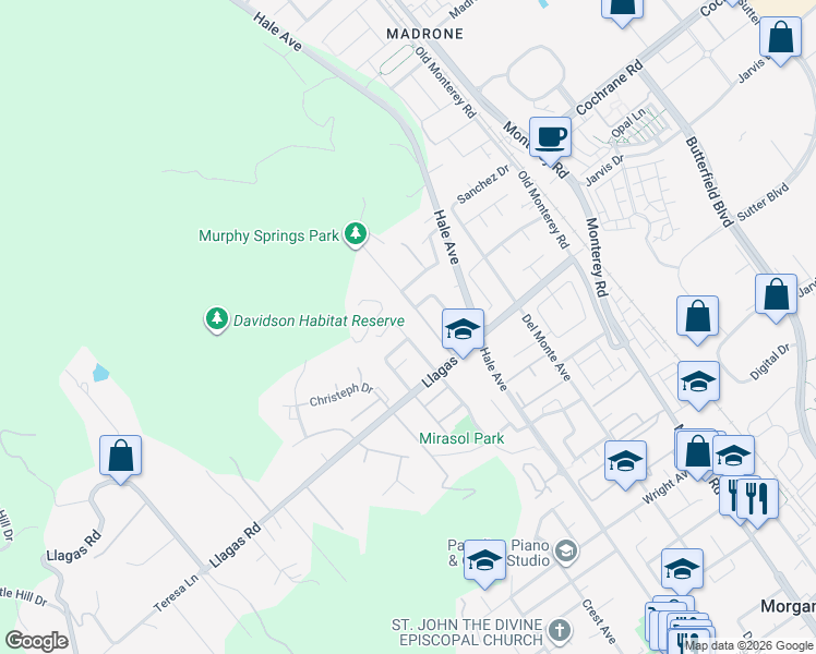map of restaurants, bars, coffee shops, grocery stores, and more near 18410 Murphy Springs Drive in Morgan Hill
