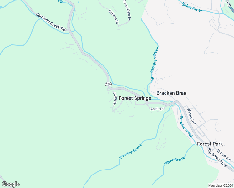 map of restaurants, bars, coffee shops, grocery stores, and more near 125 Ebony Way in Boulder Creek