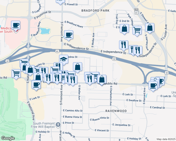 map of restaurants, bars, coffee shops, grocery stores, and more near 4049 S Delaware Ave in Springfield