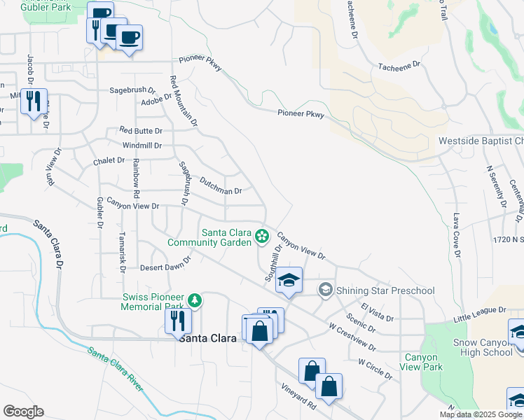 map of restaurants, bars, coffee shops, grocery stores, and more near 1815 Red Mountain Drive in Santa Clara